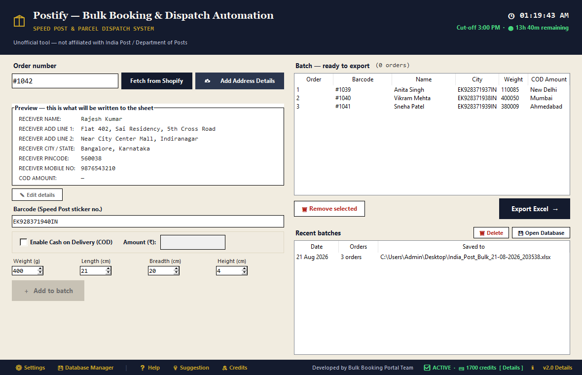 Generate Pin Code India Post Bulk Booking & Speed Post Excel Sheet Generator | PostifyShip