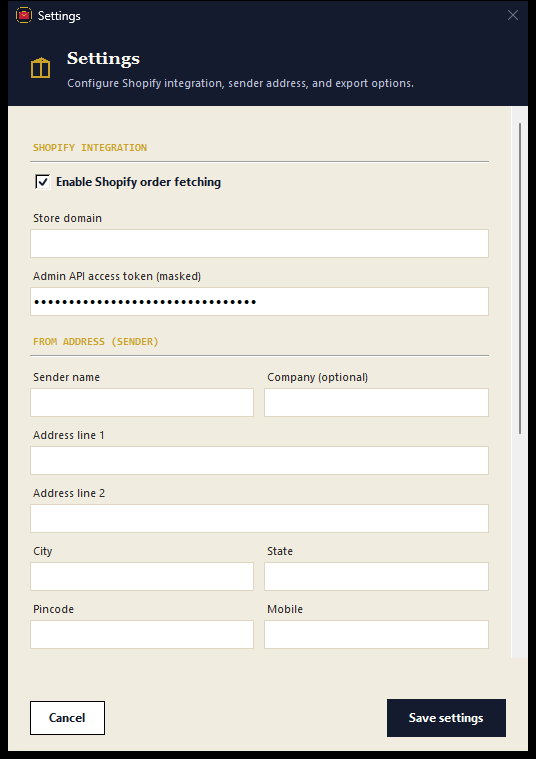 Settings — Shopify API and sender address